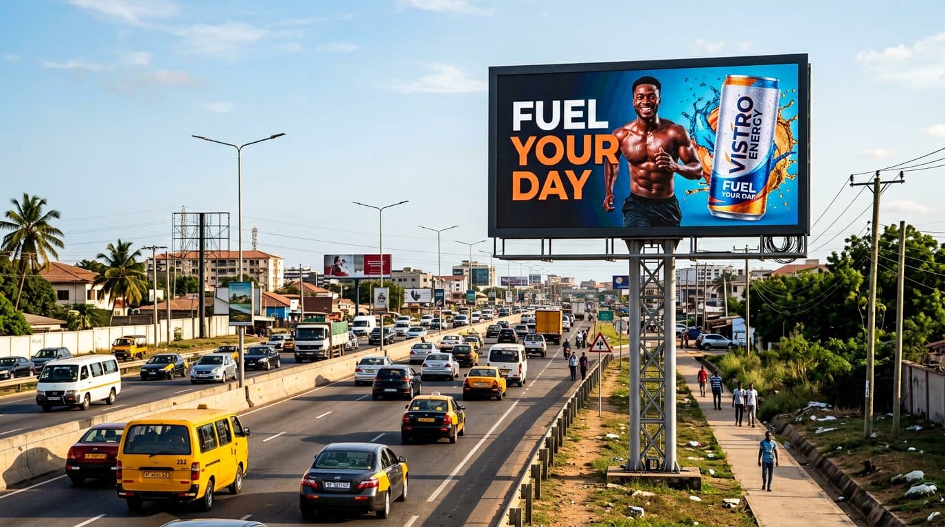 Digital LED billboard beside a busy highway in Ghana